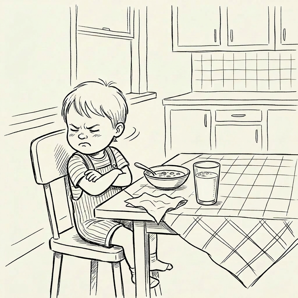 Child sitting at kitchen table with arms crossed and eyes closed in frustration, adult eating nearby